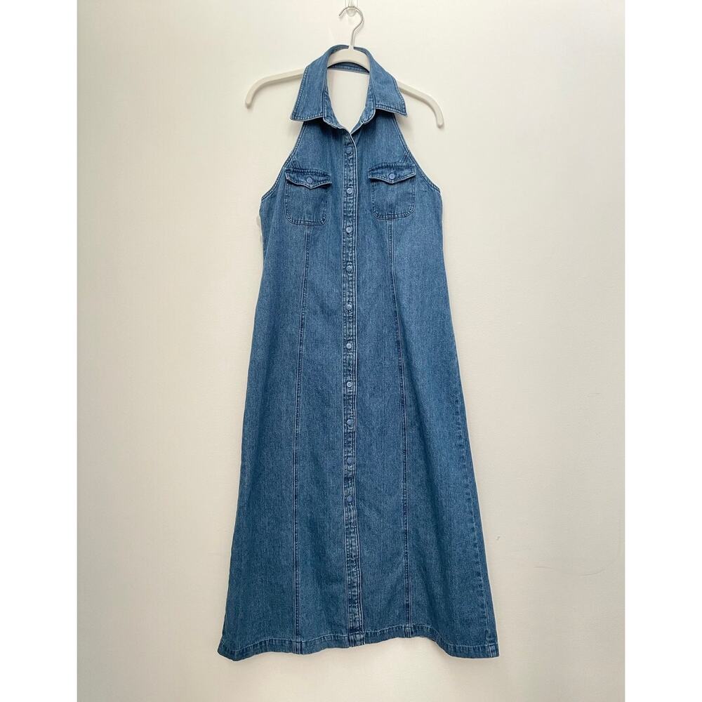 y2k 90s Vintage Denim Halter Midi Dress Size 8P Blue Button-Up Sleeveless Collar
